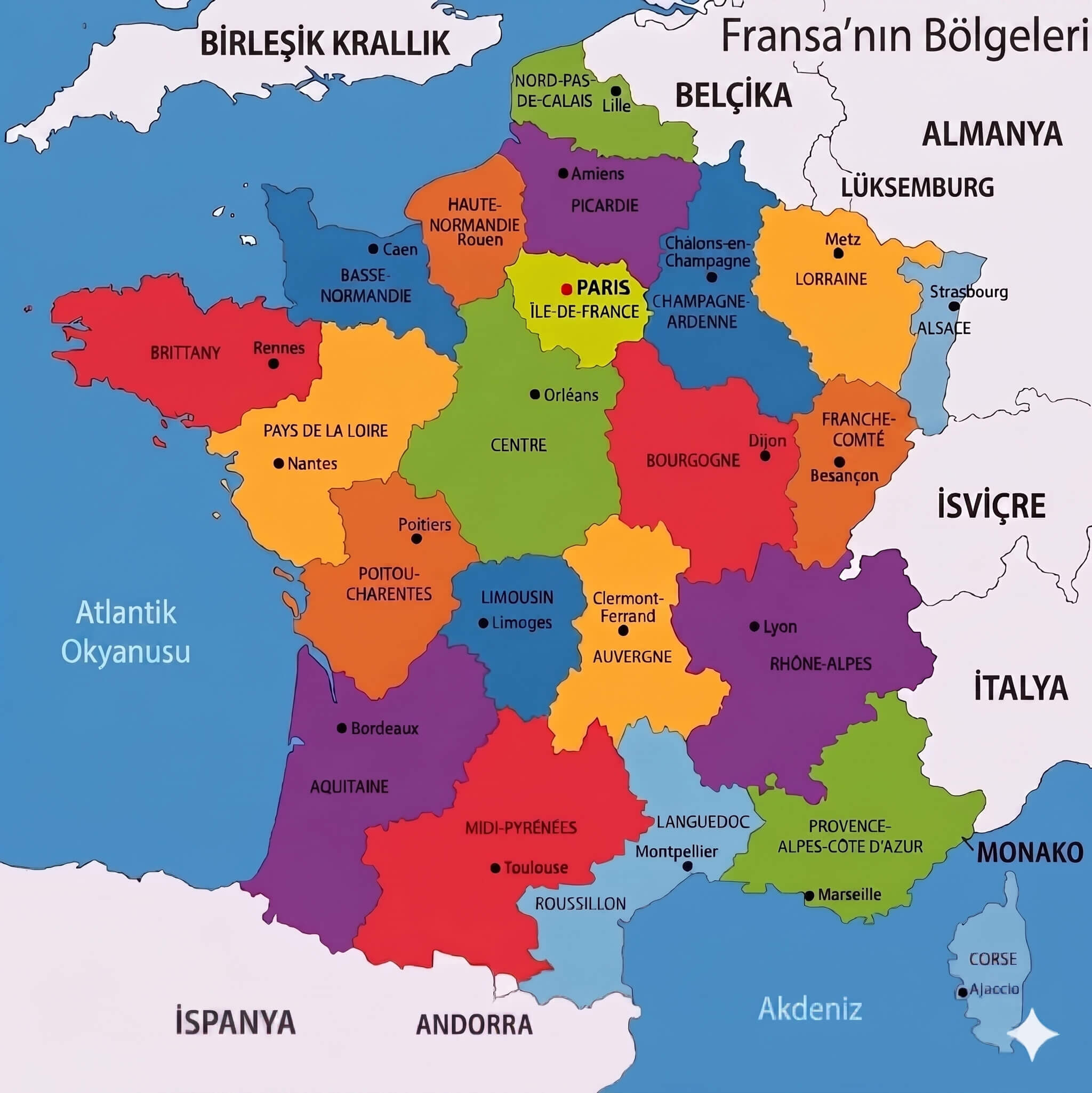 Fransa renkli bölgeler ve şehirler haritası