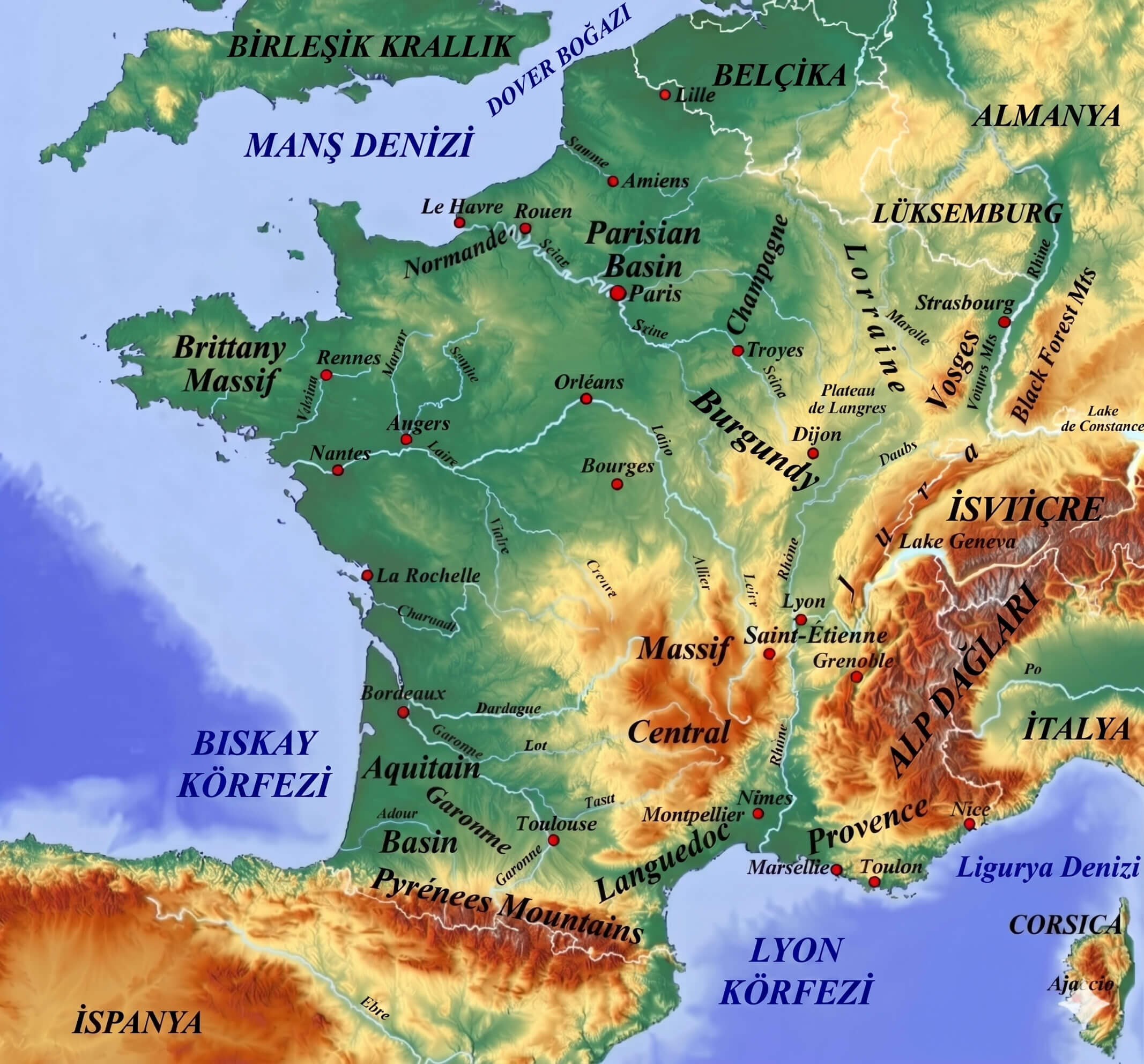 Fransa topografik haritası detaylı